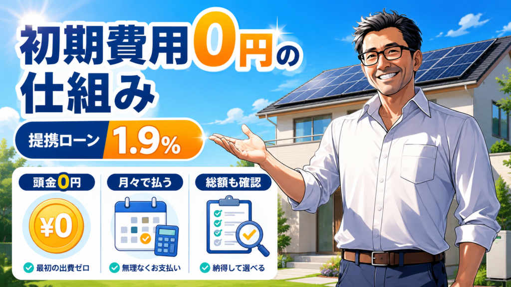 ECODAの初期費用0円プランを解説する画像。太陽光パネル付きの家を背景に、松本さんが提携ローン1.9％、頭金0円、月々払い、総額確認のポイントを案内している。