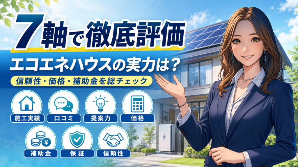 森川さんがエコエネハウスの実力を7軸で徹底評価し、施工実績・口コミ・提案力・価格・補助金・保証・信頼性を分かりやすく示した画像