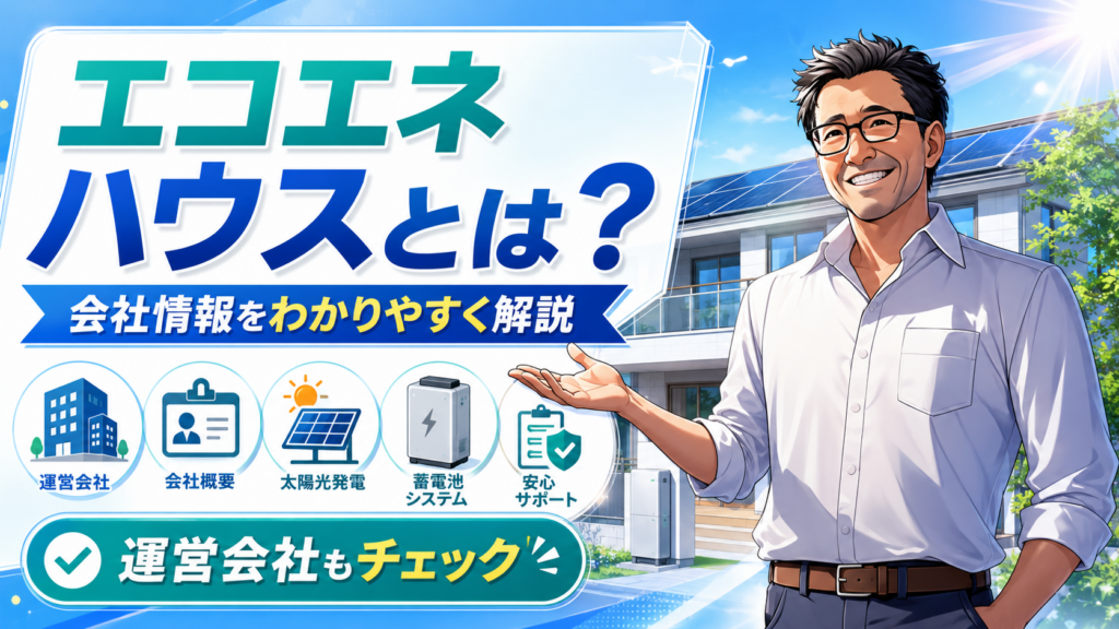 松本さんがエコエネハウスの基本情報と運営会社を解説し、会社概要・太陽光発電・蓄電池・安心サポートを確認する画像