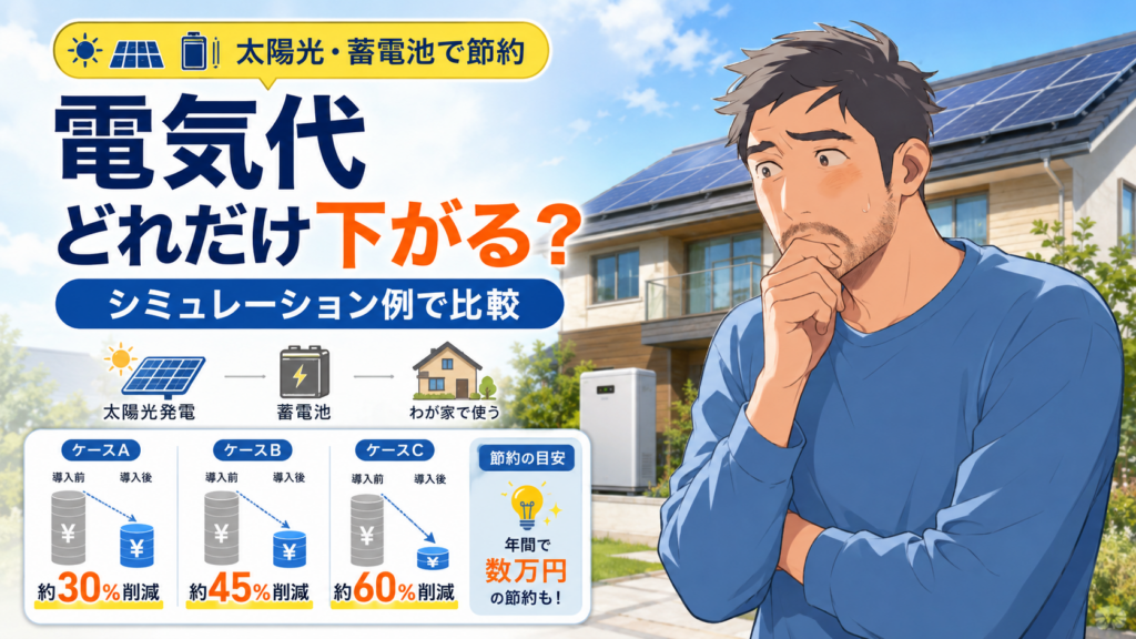 佐藤さんがエコエネハウスで電気代がどれくらい安くなるかを確認し、太陽光発電と蓄電池の導入前後の節約効果を比較する画像