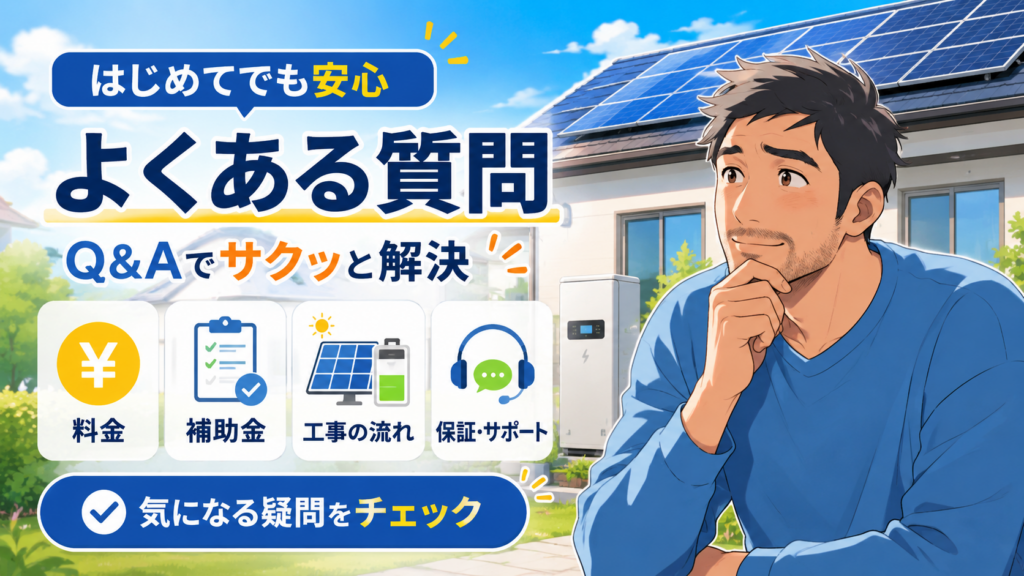 佐藤さんがエコエネハウスに関するよくある質問を案内し、料金・補助金・工事の流れ・保証やサポートなどの疑問をQ&A形式で分かりやすく解説する画像