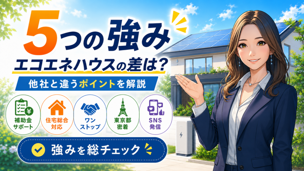 森川さんがエコエネハウスの5つの強みを解説し、補助金サポート・住宅総合対応・ワンストップ対応・東京都密着・SNS発信を示す画像