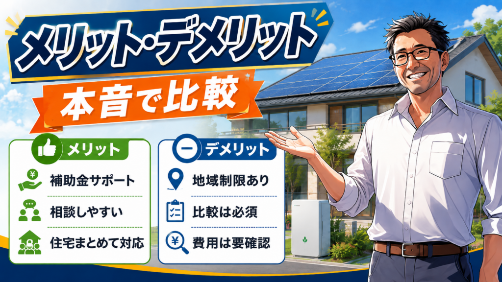 松本さんがエコエネハウスのメリットとデメリットを比較し、補助金サポートや相談しやすさ、地域制限や費用確認の注意点を整理した画像