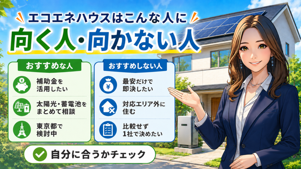 森川さんがエコエネハウスがおすすめな人・おすすめしない人を比較し、補助金活用や東京都での導入検討に合うかを確認する画像