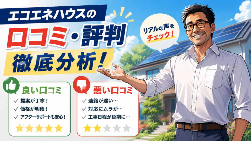松本さんがエコエネハウスの口コミ・評判を徹底分析し、良い口コミと悪い口コミを比較しながら利用者のリアルな声を分かりやすく紹介する画像