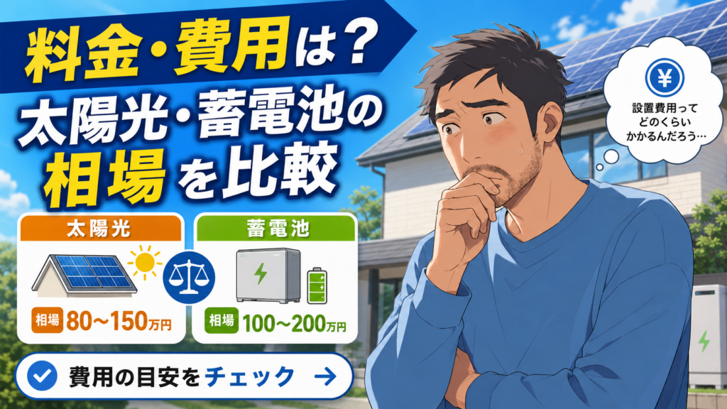 佐藤さんがエコエネハウスの料金や費用を確認し、太陽光発電と蓄電池の相場を比較しながら導入費用の目安をチェックする画像
