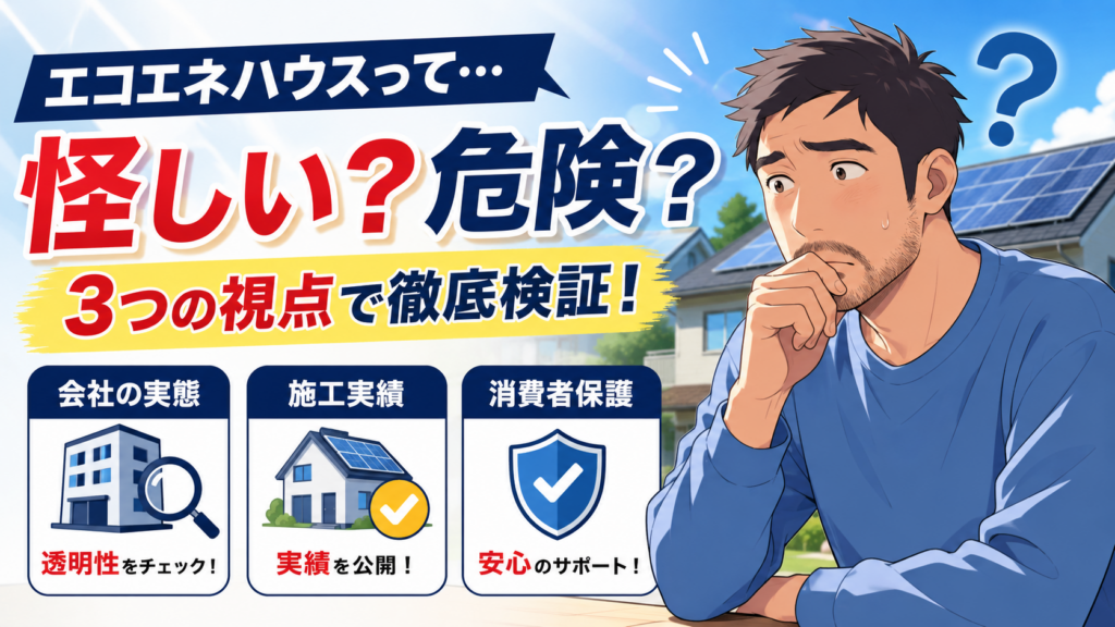 佐藤さんがエコエネハウスは怪しい業者か危険性はないかを、会社の実態・施工実績・消費者保護の3つの視点で確認する画像