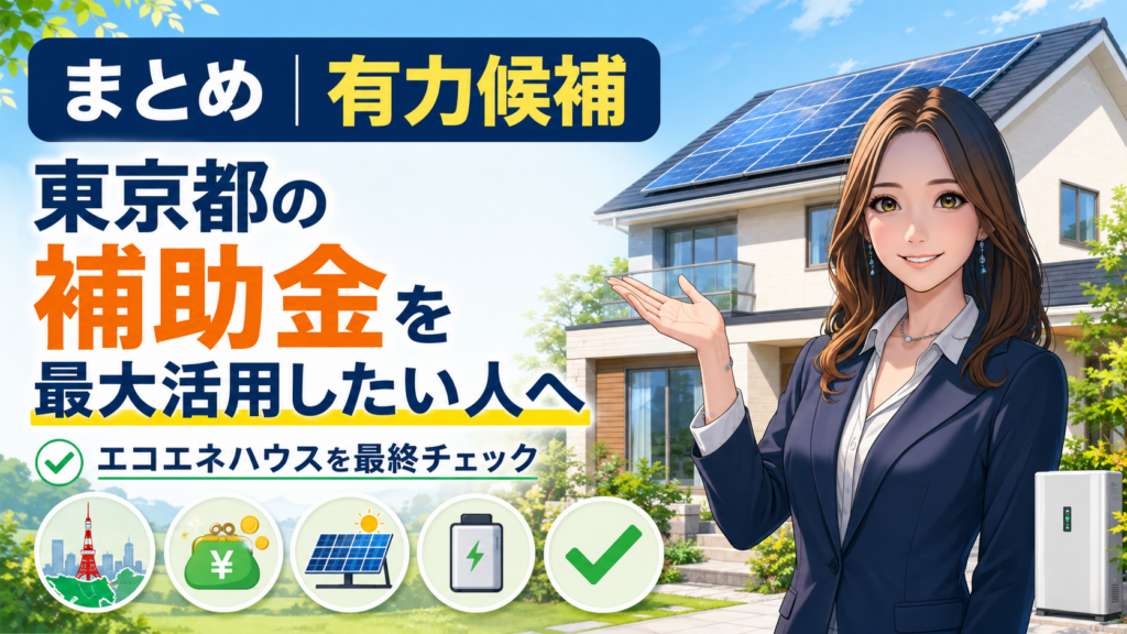 森川さんがエコエネハウスを東京都の補助金を最大活用したい人向けの有力候補として紹介し、太陽光発電や蓄電池導入の最終チェックを促す画像