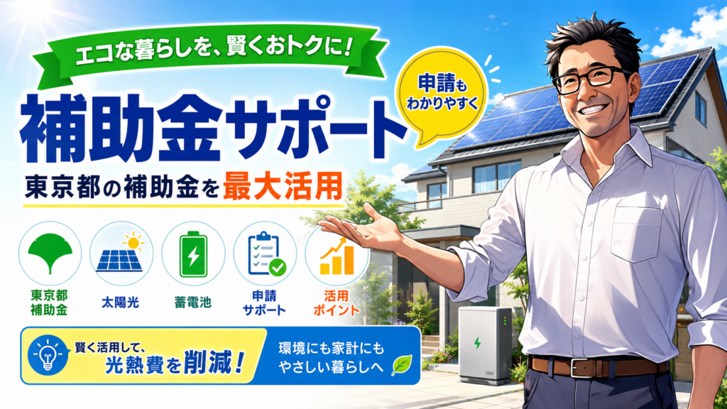 松本さんがエコエネハウスの補助金サポートを解説し、東京都の補助金を活用して太陽光発電と蓄電池をお得に導入するポイントを分かりやすく示した画像