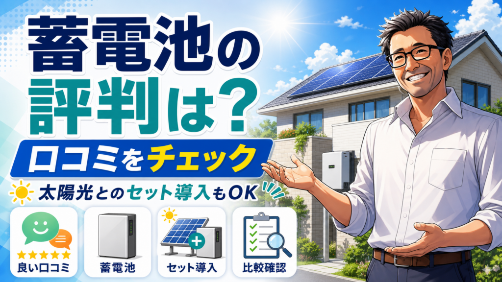 松本さんが太陽光パネル付き住宅と蓄電池を背景に、グリエネ蓄電池の口コミや太陽光とのセット導入を解説する画像