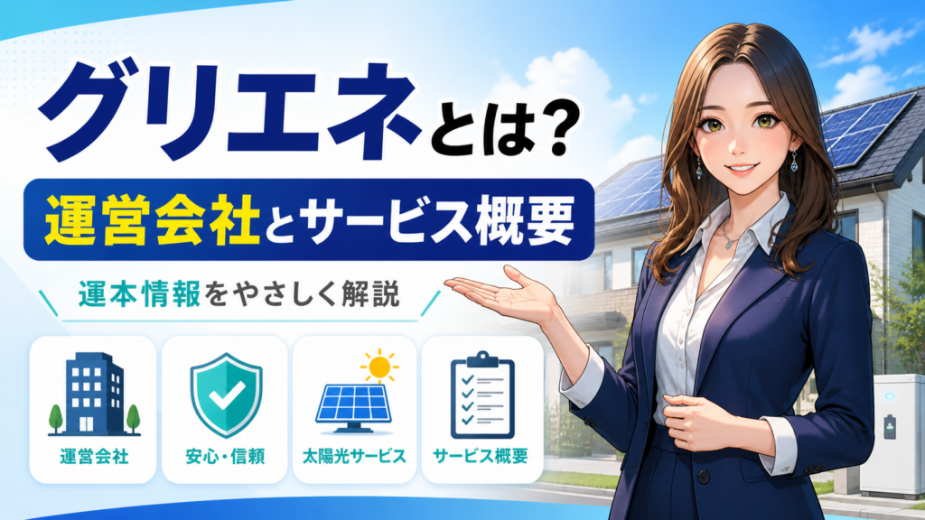 森川さんが太陽光パネル付き住宅を背景に、グリエネの運営会社やサービス概要、基本情報をわかりやすく解説する画像