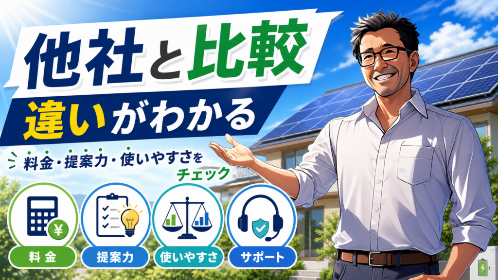 松本さんが太陽光パネル付き住宅を背景に、グリエネと他の一括見積もりサイトの料金や提案力、サポートを比較する画像