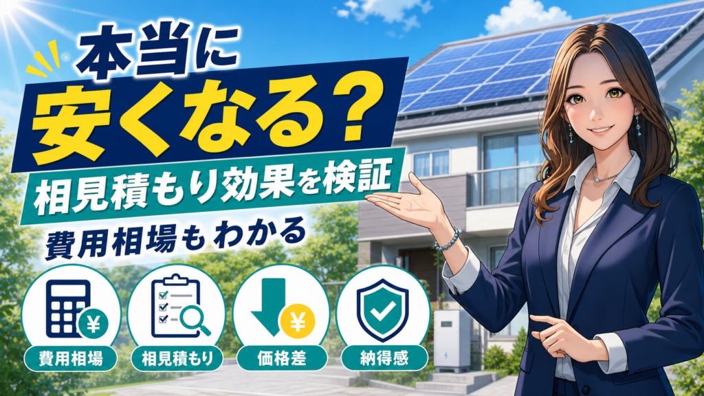 森川さんが太陽光パネル付き住宅を背景に、グリエネの相見積もり効果や費用相場、価格差をわかりやすく解説する画像
