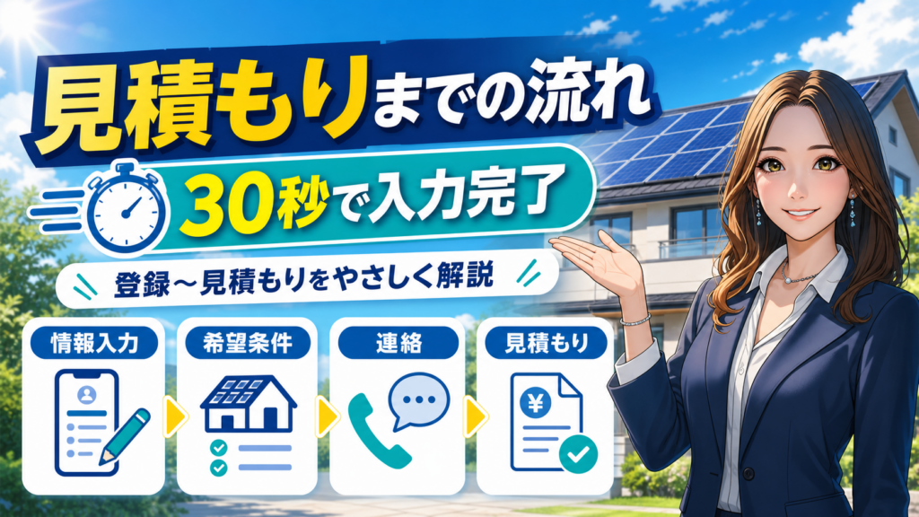 森川さんが太陽光パネル付き住宅を背景に、グリエネの登録から見積もりまでの流れや30秒入力を解説する画像