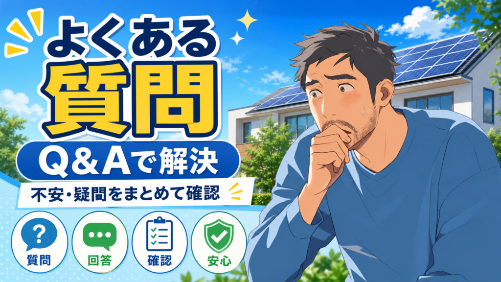 不安そうな佐藤さんが太陽光パネル付き住宅を背景に、グリエネのよくある質問や回答、不安点をQ&A形式で確認する画像