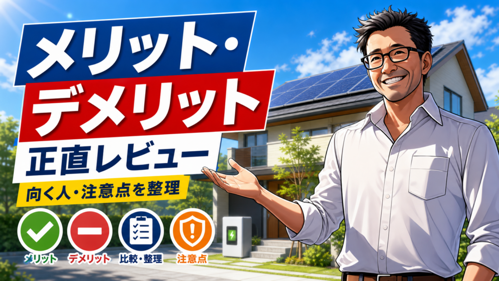 松本さんが太陽光パネル付き住宅を背景に、グリエネのメリット・デメリットや向く人、注意点を正直に解説する画像