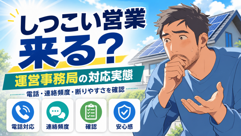不安そうな佐藤さんが太陽光パネル付き住宅を背景に、グリエネの営業電話や連絡頻度、運営事務局の対応実態を確認する画像