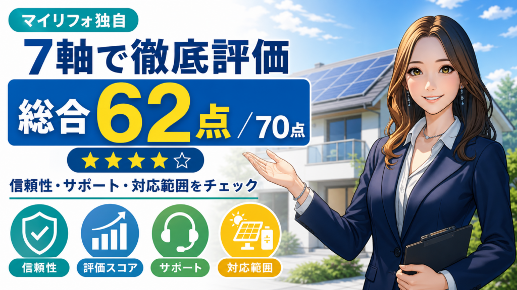 森川さんが太陽光パネル付き住宅を背景に、グリエネを7軸で評価し総合62点70点の結果を解説する画像