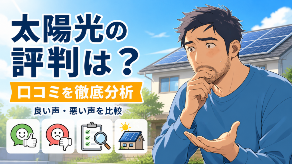 佐藤さんが太陽光パネル付き住宅を背景に、グリエネ太陽光の良い口コミと悪い口コミを比較分析する画像