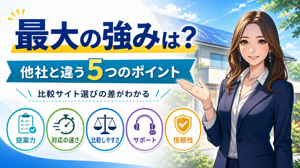 森川さんが太陽光パネル付き住宅を背景に、グリエネの最大の強みと他社と違う5つのポイントを解説する画像