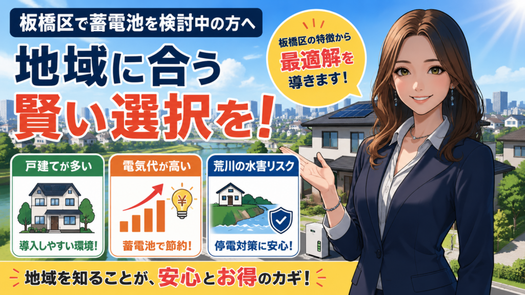 森川さんが板橋区の地域事情と蓄電池の相性を案内し、戸建ての多さ、電気代高騰、荒川の水害リスクへの備えを示す画像