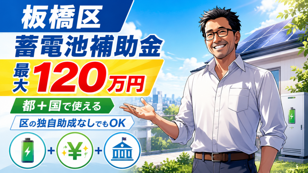 松本さんが板橋区の蓄電池補助金を解説し、区独自助成なしでも東京都と国の補助金で最大120万円を狙える仕組みを示す画像