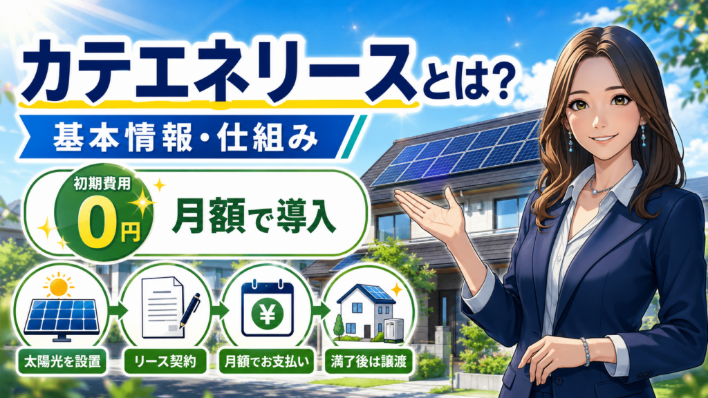 カテエネリースの基本情報と仕組みを、森川さんが住宅用太陽光パネル・リース契約・月額支払い・満了後譲渡の流れで解説する画像