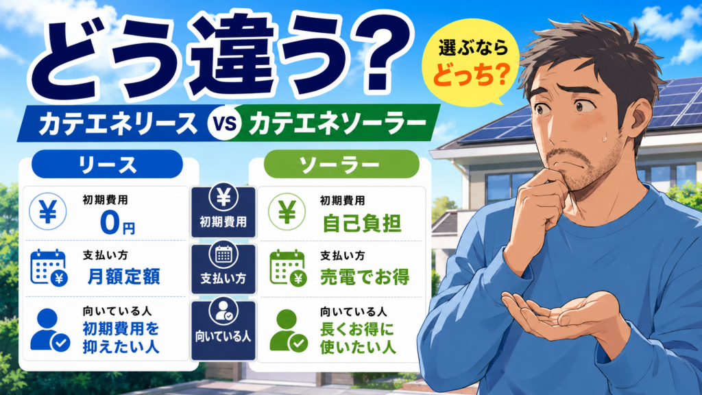 カテエネリースとカテエネソーラーの違いを、佐藤さんが初期費用・支払い方・向いている人の比較でわかりやすく解説している画像