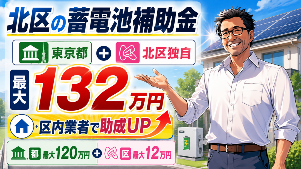 松本さんが北区の蓄電池補助金を案内し、東京都補助金と北区独自助成の組み合わせで最大132万円、区内業者なら助成額アップを示す画像