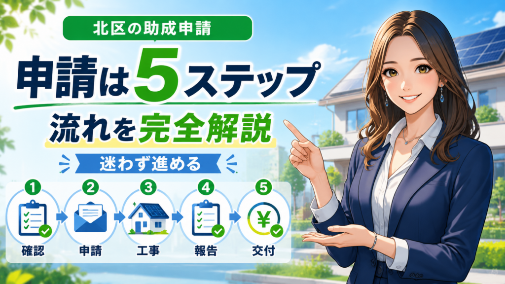 森川さんが北区の再生可能エネルギー助成申請を案内し、確認・申請・工事・報告・交付の5ステップを示す画像