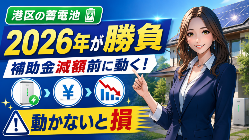 港区で蓄電池を検討する人向けに、2026年が勝負で補助金減額前に動くべきことを、森川さんと家・蓄電池の背景で訴求した画像