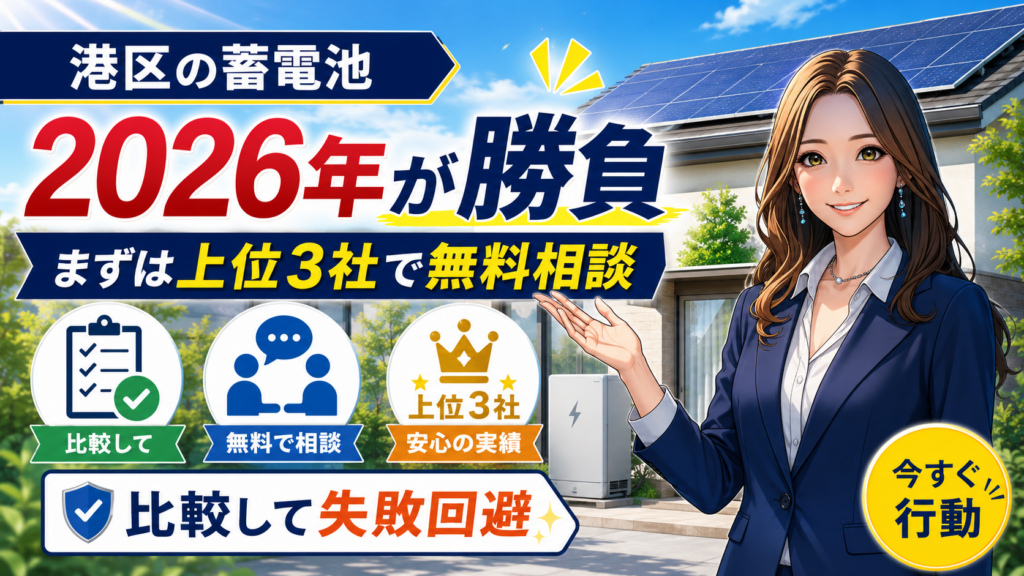 森川さんが右側で案内し、港区で蓄電池を設置するなら2026年が勝負、まずは上位3社で無料相談して比較すべきと伝える画像