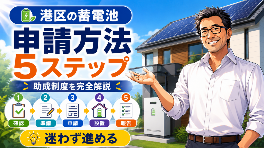 松本さんが右側で案内し、港区の蓄電池助成制度の申請方法を5ステップで示し、確認・準備・申請・設置・報告の流れを解説する画像