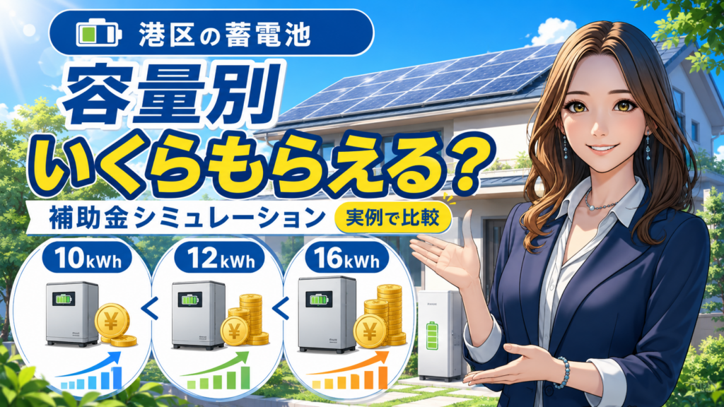 森川さんが港区の蓄電池補助金を容量別に案内し、10kWh・12kWh・16kWhの実例でいくらもらえるかを比較する画像