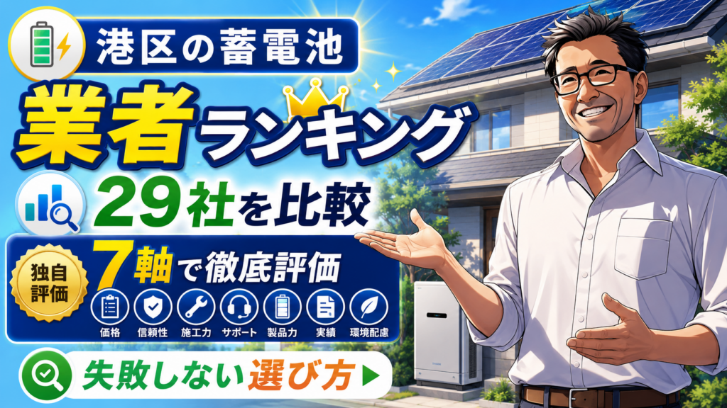 松本さんが右側で案内し、港区の蓄電池業者ランキング29社を比較、独自の7軸評価で失敗しない選び方を紹介する画像
