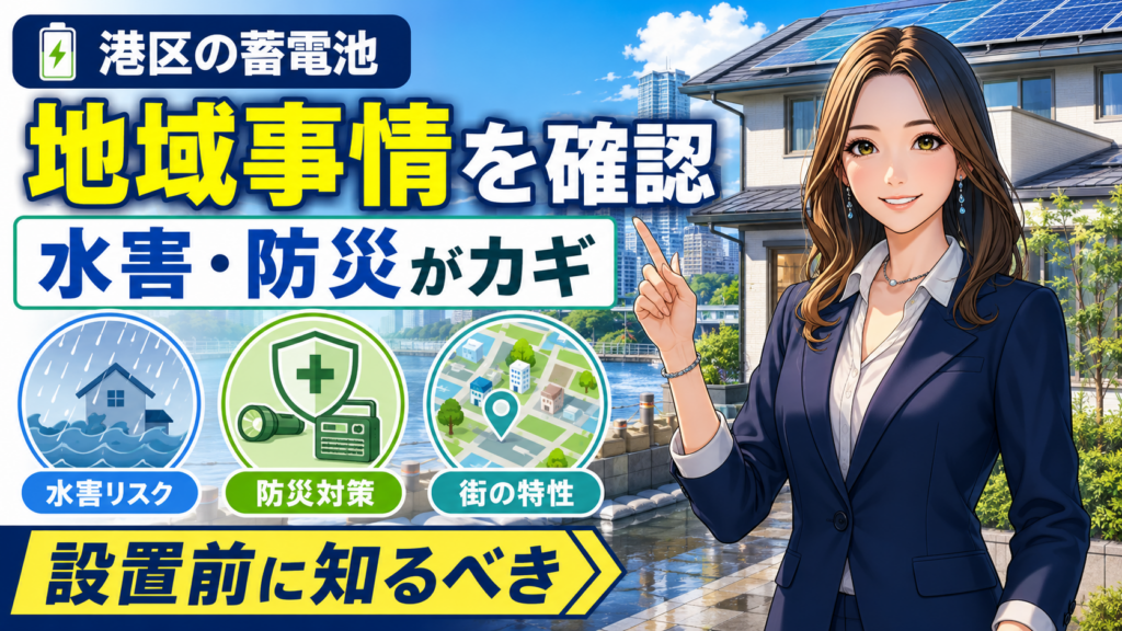森川さんが右側で案内し、港区で蓄電池を設置する前に、水害リスク・防災対策・街の特性など地域事情を確認すべきと伝える画像