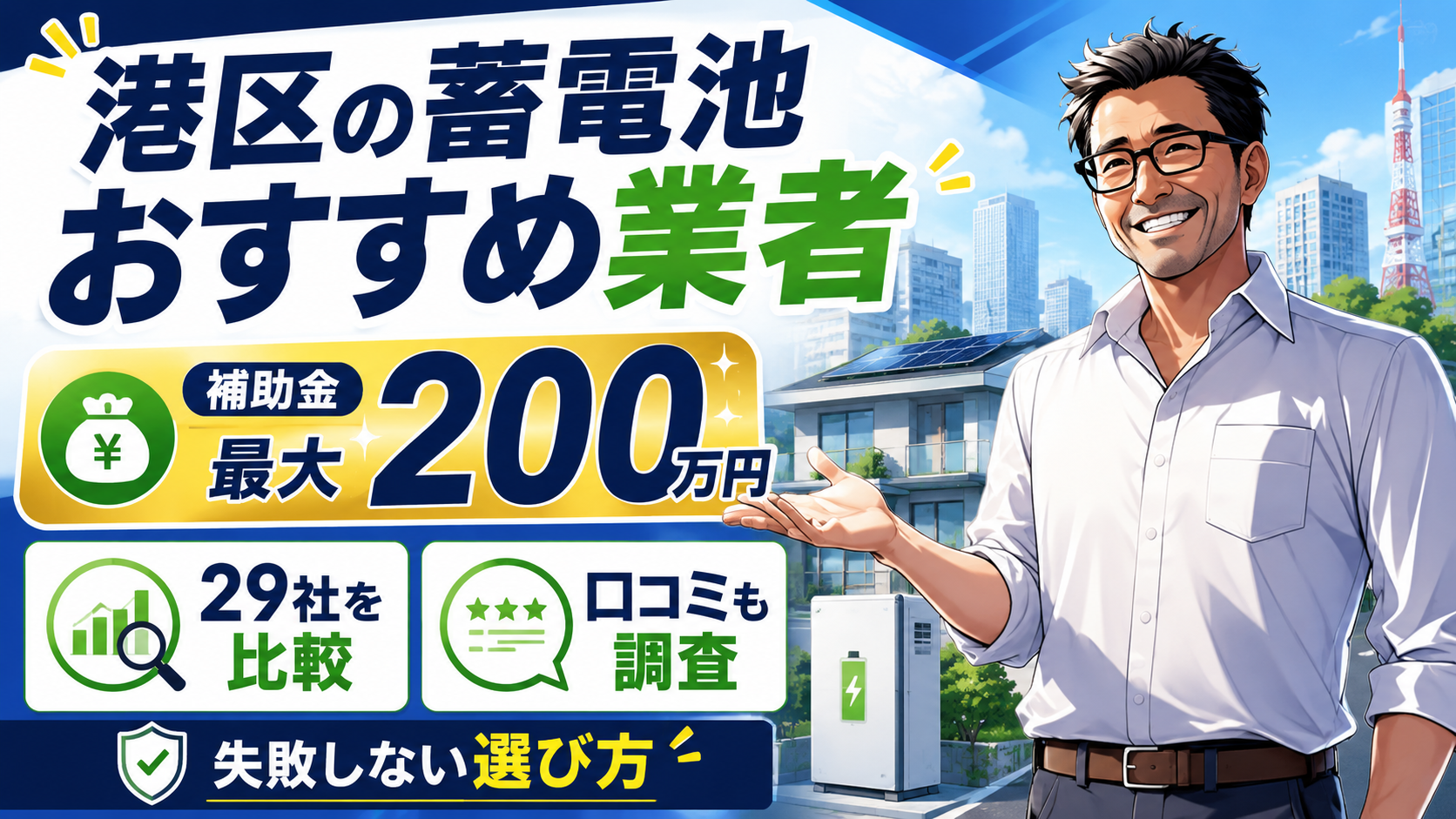 港区で蓄電池業者を選ぶ人向けに、補助金最大200万円、29社比較、口コミ調査、失敗しない選び方を松本さんが案内する画像
