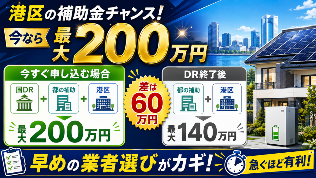 港区の蓄電池補助金について、今すぐ申し込む場合は最大200万円、DR終了後は最大140万円となる60万円差を比較した画像