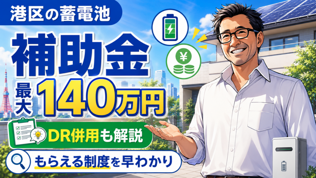 松本さんが右側で案内し、港区の蓄電池補助金は最大140万円でDR補助金との併用も解説、もらえる制度を早わかりできることを伝える画像