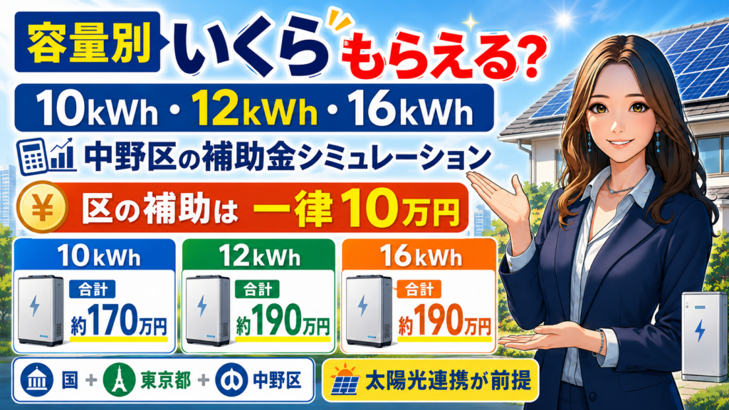 森川さんが中野区の蓄電池補助金を容量別に解説し、10kWh・12kWh・16kWhの受給目安と一律10万円を示す画像