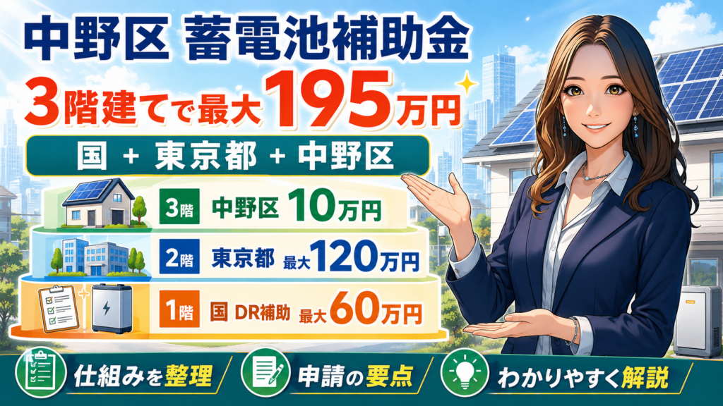 森川さんが中野区の蓄電池補助金を解説し、国・東京都・中野区の3階建て構造と最大195万円を示す画像