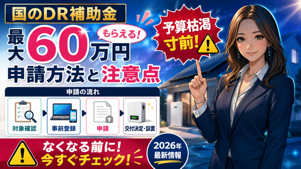 森川さんが国のDR蓄電池補助金の申請方法を案内し、最大60万円の補助額と予算枯渇寸前の注意点を示す画像