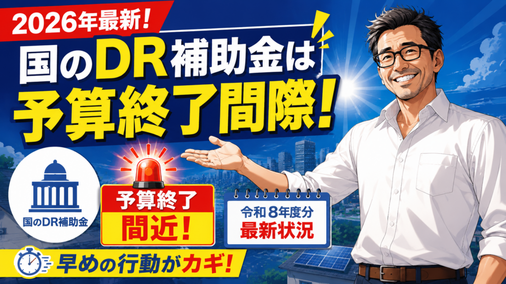 松本さんが国のDR補助金の予算終了間際を解説し、令和8年度分の最新状況と早めの行動が重要なことを伝える画像