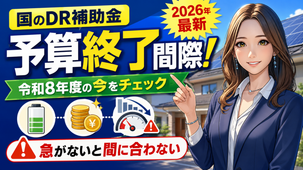 森川さんが右側で案内し、国のDR補助金が予算終了間際で、令和8年度の最新状況を今すぐ確認すべきことを伝える画像
