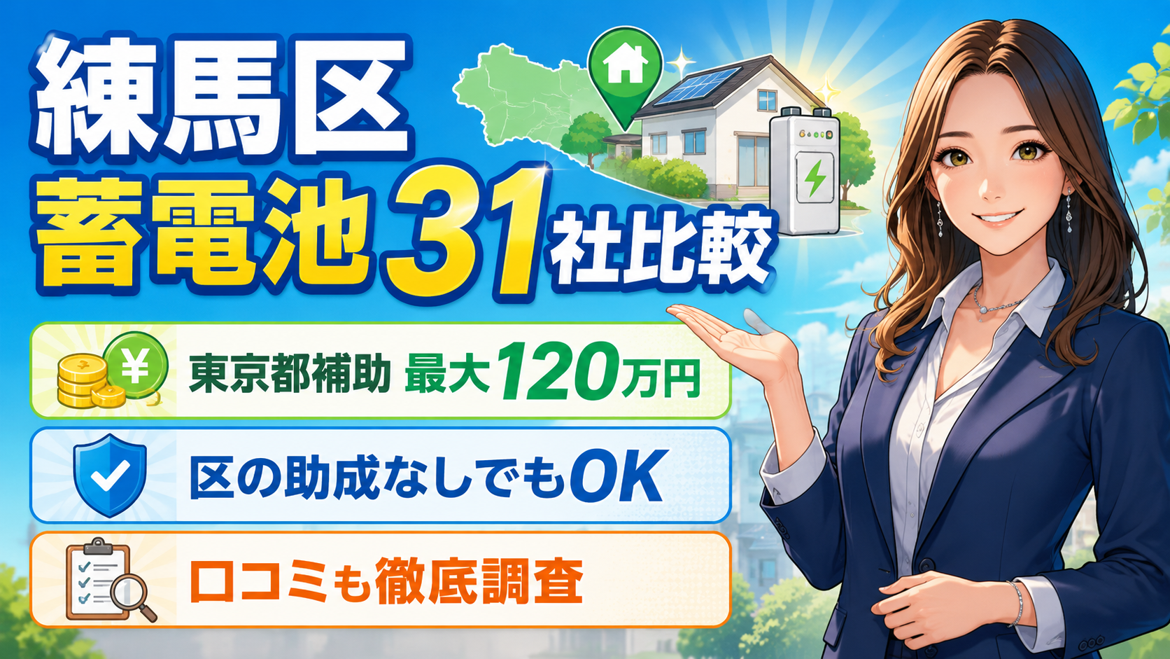 森川さんが練馬区の蓄電池業者31社比較を案内し、東京都補助最大120万円や区独自助成なしでも導入可能な点を示すアイキャッチ画像