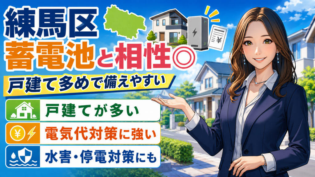 森川さんが練馬区の蓄電池との相性を解説し、戸建ての多さ、電気代対策、水害・停電対策に役立つ点を示す画像