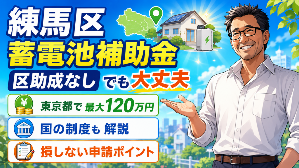 松本さんが練馬区の蓄電池補助金を解説し、区独自助成がなくても東京都で最大120万円、国制度も確認できると示す画像