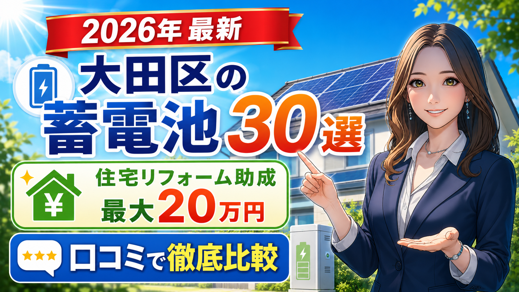 森川さんが大田区の蓄電池おすすめ業者30選を案内し、住宅リフォーム助成最大20万円と口コミ比較のポイントを示す画像