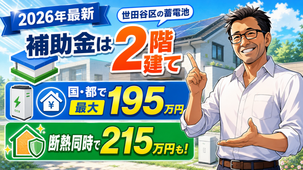松本さんが世田谷区の蓄電池補助金の2階建て構造を解説し、国・都で最大195万円、断熱同時施工で最大215万円を示す画像