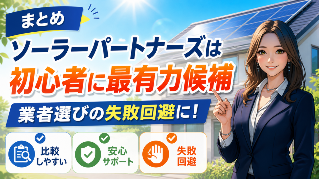 ソーラーパートナーズが初心者や業者選びで失敗したくない人に最有力候補であることを森川さんが解説する太陽光発電記事用画像